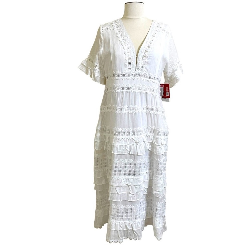 New REBA White Crinkle Cotton Lace Ruffle Bohemian Wedding Midi Maxi Dress Sz 4